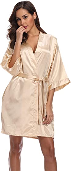 Imagen de Batas de satén sencillas para mujer, Kimono de color rosa, champán y plata, albornoz, pijamas sencillos, bata de fiesta de boda, S-XXL corta