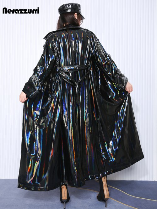 Image of Elegant Autumn Women's Extra Long Black Holographic Shiny Reflective Stretchy Soft PVC Leather Trench Coat – European Fashion Statement