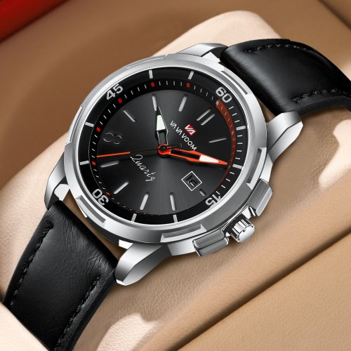 Image of Men's Black Military-Style Leather Watch with 46mm Large Dial, Quartz Movement – Perfect for Business, Casual, and Outdoor Adventures