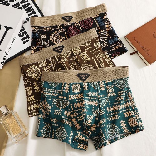 Afbeelding van Retro Etnische Stijl Heren Boxer met Vintage Print – Comfortabele Midden-Taille Onderbroeken van Elastisch Ondergoed voor Mannen