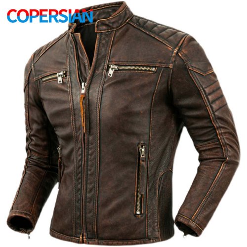 Imagen de Chaqueta de Cuero Natural de Primera Capa para Hombre, Estilo Retro con Cuello Levantado, Chaqueta de Motocicleta Marrón, Ropa de Motorista de Alta Calidad