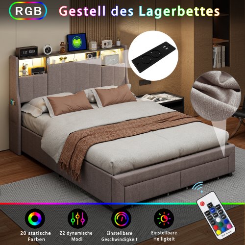 Zdjęcie Łóżko podwójne Rosahqnda z zagłówkiem z oświetleniem LED, portami USB i schowkiem, 2 szuflady, łóżko dla gości, łóżko młodzieżowe,