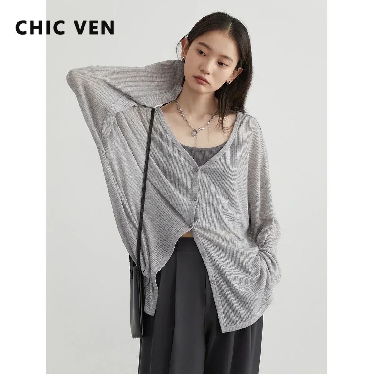 Image of Elegant V-Neck Long Sleeve Cardigan for Women – Lightweight Sun Protection Sweater Top, Spring Summer 2024 Fashion Essential