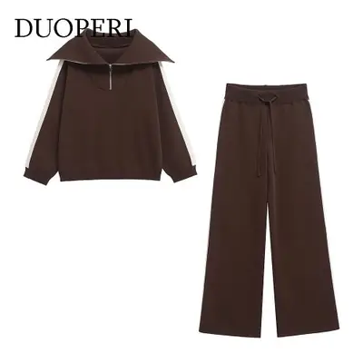 Image de Ensemble 2 pièces femme marron - Pull + Pantalon taille haute