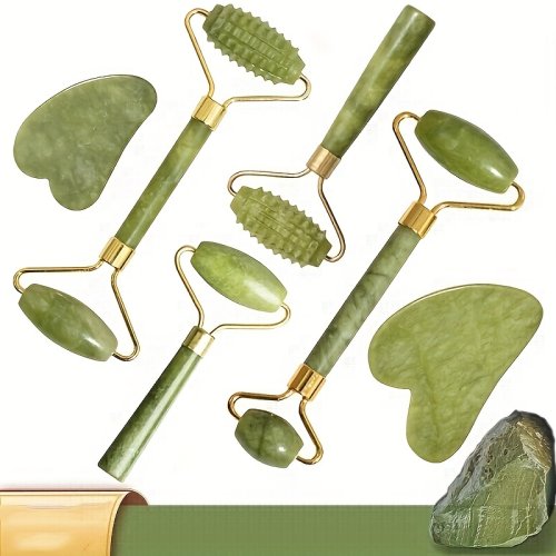 Imagen de Rodillo Facial de Jade Natural con Raspador Gua Sha para Masaje Facial, Elevación y Cuidado de la Piel del Cuello - Herramienta de Belleza Orgánica para Reducción de Arrugas y Contorno Corporal