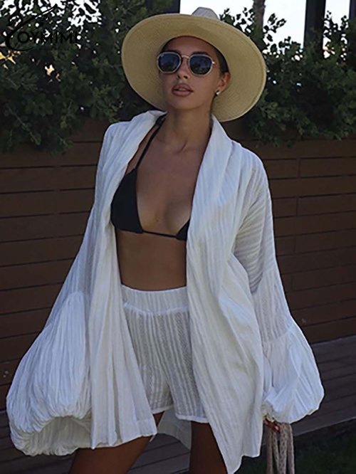 Zdjęcie Oymimi Fashion Biały bawełniany damski zestaw dwuczęściowy Eleganckie luźne sznurowane koszule z bufiastym rękawem i szorty z wysokim stanem Zestawy damskie