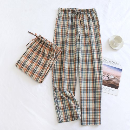 Image of New men's spring and summer 100% cotton trousers plaid home pants beach pants plus size pants sleep wear men sheer mens pants