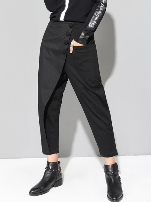 Immagine di [EAM] Pantaloni casual asimmetrici neri a vita alta elastica Nuovi pantaloni larghi da donna Moda marea Primavera Autunno 2026 1DF4648