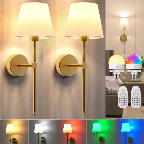 Zdjęcie Bezprzewodowa lampa ścienna zasilana bateryjnie z pilotem zdalnego sterowania, 10-kolorowa, z funkcją ściemniania i zdejmowaną żarówką – nowoczesne oświetlenie do salonu, sypialni lub korytarza