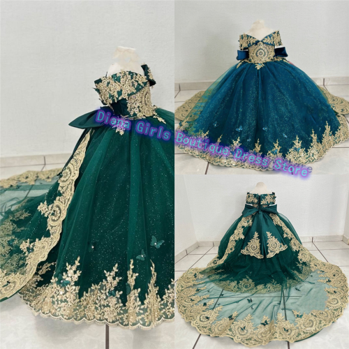 Bild von Grünes Blumenmädchenkleid mit Gold-Verzierungen