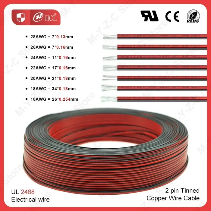 Image de Câble Électrique 2 Broches UL2468 - 5m à 100m - 16 à 28 AWG