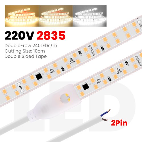 Bild von 5/10/20/30 m 230 V 220 V Zweireihige LED-Streifenlichter 2835 240 LED/m Flexibles Band Seillampe Warmweiß 4000 K mit 2-poligem Draht