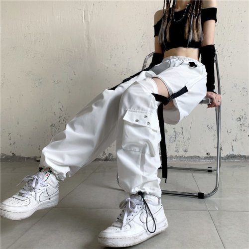 Zdjęcie Modne Spodnie Cargo Damskie Wiosenne i Letnie w Stylu Harajuku – Slim Fit z Wstawkami Biegaczy i Elastyczna Talią do Kostek dla Dziewcząt