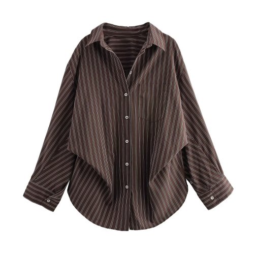 Imagen de EDSA Camisa marrón a rayas con alas de murciélago para mujer, manga larga con puños, bolsillos tipo ...
