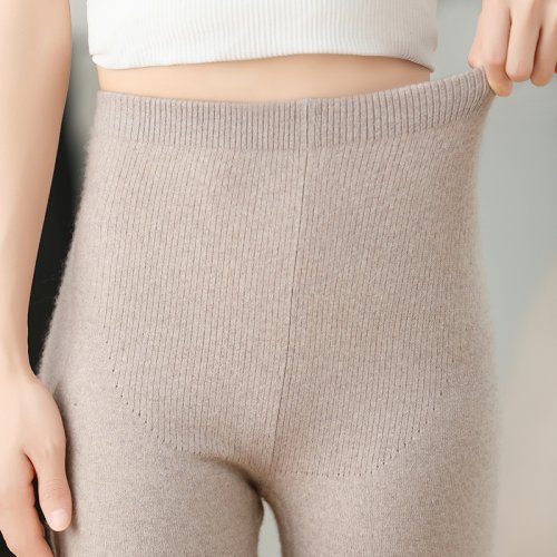 Imagen de Pantalones de lana de cachemira tejidos para mujer, moda clásica de invierno cálidos y elegantes con corte alto para abdomen, mallas básicas de alta elasticidad y calidad superior