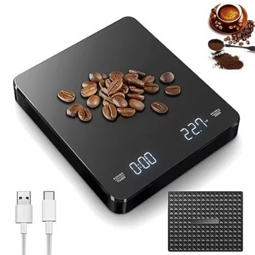 Imagen de Báscula Digital de Café con Temporizador y Pantalla LED, Carga USB, Almohadilla de Silicona, Ideal para Cafeterías y Uso Doméstico