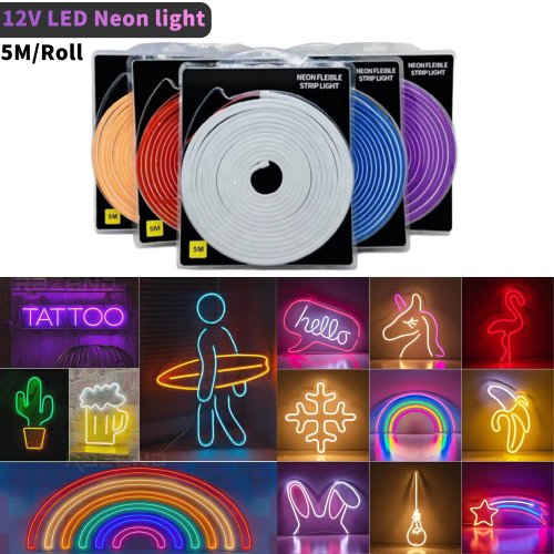 Imagen de Tira LED de Neón de 5 metros con 12V, Impermeable y Flexible – Ideal para Decoración Interior y Exterior, Jardín, Hogar, Acuario y Proyectos DIY