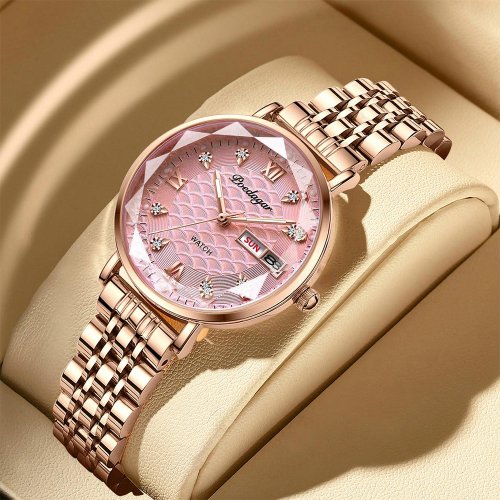 Imagen de Reloj de Pulsera para Mujer con Correa de Acero Inoxidable, Fecha y Día de la Semana, Luminoso y Resistente al Agua, Diseño Elegante y Moderno