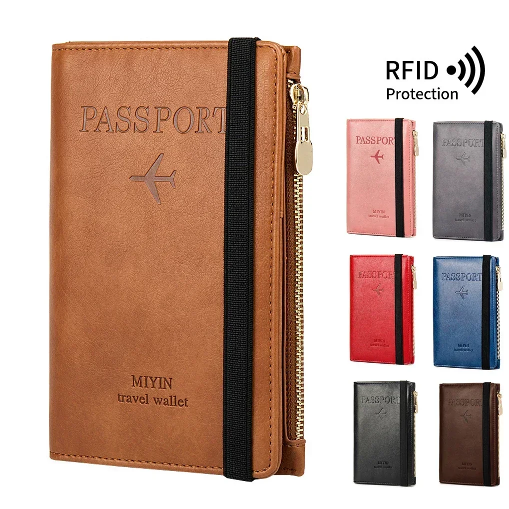 Imagen de Billetera delgada para pasaporte con protección anti-RFID, accesorio de viaje multifuncional para hombres y mujeres con compartimentos para tarjetas bancarias e identificación