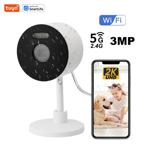 Zdjęcie Inteligentna Kamera Bezpieczeństwa Wewnętrzna i Zewnętrzna z Wi-Fi 5GHz i 2.4GHz, Kompatybilna z Tuya, do Monitoringu Domu, Dzieci, Osób Starszych i Zwierząt, z Aplikacją Mobilną, Kolorowy Noktowizor, Dźwięk Dwukierunkowy