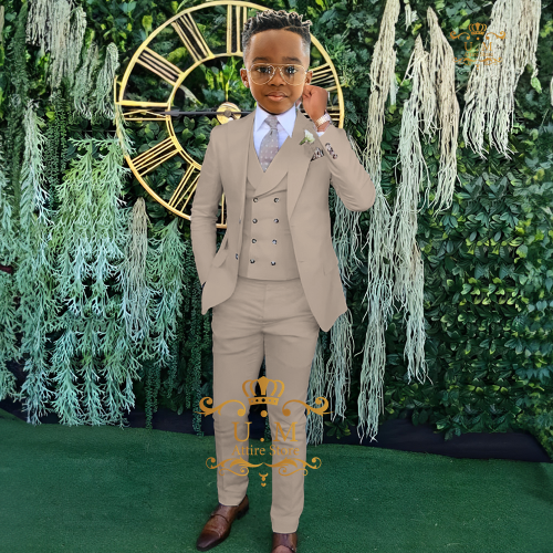 Image of Classic Beige 3-Piece Formal Suit for Boys – Jacket, Vest & Pants Set for Weddings, Parties, and Special Occasions