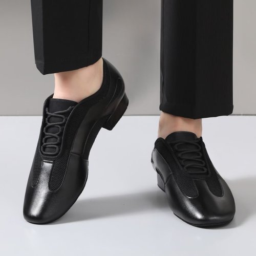 Image of Elegant Men's Ballroom Dance Shoes with Shiny Leather and Mesh Patchwork – Soft Soled Latin & Waltz Dance Footwear for Practice, Performance, and Party Wear
