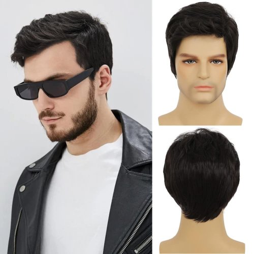 Image of Natural-Looking Short Side-Part Black Synthetic Wig for Men – Layered, Fluffy, Everyday Wear & Cosplay with Comfortable Wig Cap