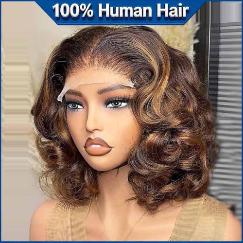 Imagen de Pelucas Bob Onduladas de Cabello Humano 13x4 con Frontal de Encaje, Cortas y Ombré, Hechas con Cabello Brasileño Natural para Mujeres