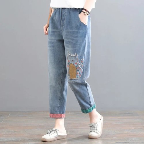 Imagen de Pantalones vaqueros de cintura alta para mujer, primavera otoño 2025, nueva versión coreana, tela holgada con parches bordados, pantalones Harem de nueve puntos para mujer