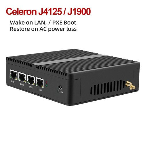 Immagine di Mini PC Industriale Senza Ventola con Processore Intel Celeron J1900/J4125, 4 Core, 4 Porte LAN Gigabit, Router Firewall pfSense, Windows 10, Linux, OpenWRT - Soluzione Compatta per Server e Rete