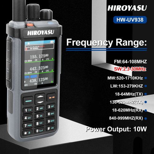 Image of Hiroyasu HW UV938 Multi-Band Walkie Talkie with SSB, HF, SW, MW, LW, AM, FM, NOAA, DTMF, Air Band, Scrambler, Cross-Band Repeater, and 10-Watt Power Output