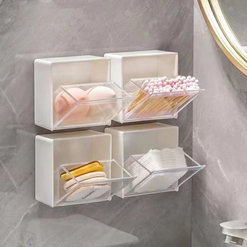 Imagen de Organizador de Baño con Cajas de Almacenamiento de Plástico Montadas en Pared, A Prueba de Polvo, Ideal para Hisopos, Maquillaje y Joyas - Pack de 4 Unidades