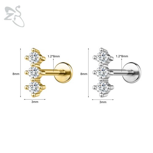 Imagen de ZS 1 pieza Color dorado 16G Acero inoxidable Labret labio Piercing hombres mujeres CZ cristal cartíl...