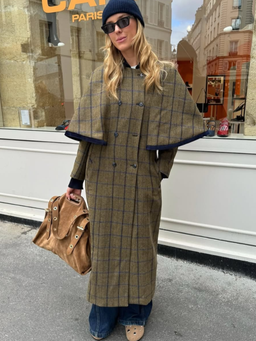 Immagine di Cappotto di lana scozzese con risvolto casual Cappotto lungo allentato doppio petto con scialle chic da donna 2025 Capispalla per pendolari quotidiani da donna Nuovo