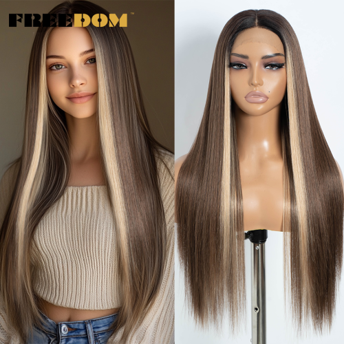 Imagen de Peluca de Encaje Frontal Sintética Larga y Recta con Efecto Ombré Marrón, Resistente al Calor, Ideal para Mujeres que Buscan un Look Natural y Versátil