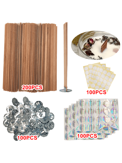 Zdjęcie 100 sztuk/200 sztuk knotów do świec z drewna wiśniowego, drewniane knoty do świec, dzwonek bezdymny, z żelaznymi wspornikami, kropki kleju do świec, etykiety ostrzegawcze dotyczące świec DIY do produk