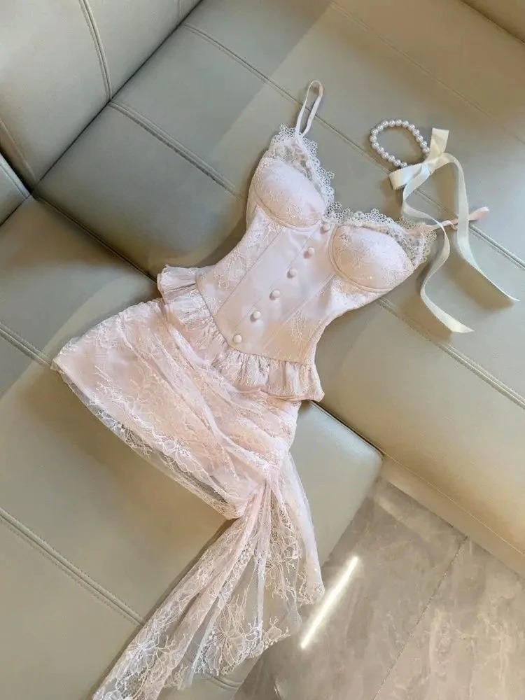 Image of Sweet Princess Dress Woman French Lace Sim Fairy   Dress Harajuku Gyaru Elegant Chic Ball Gown Summer Kawaii 90s Sexy Fashion