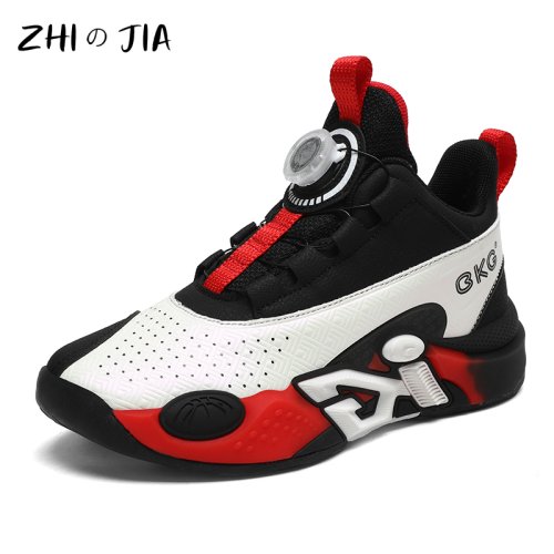 Zdjęcie Dziecięce buty treningowe do koszykówki chłopięce wiosenne nowe trampki z obrotową klamrą moda młodzieżowa skórzane oddychające obuwie 32-41