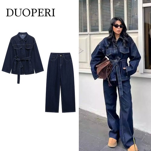 Stijlvolle 2-delig damesset met denim jas en vintage ritssluiting jeansbroek – modieus en comfortabel voor elke gelegenheid