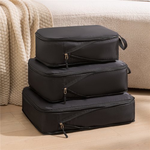 Imagen de 3 unids/set viaje embalaje comprimible bolsa de almacenamiento de viaje multifunción maleta impermeable Nylon organizador de equipaje portátil rosa