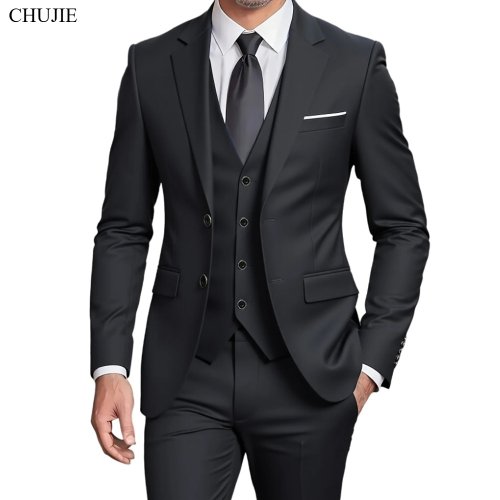 Image of Elegant 3-Piece Men's Suit Set for Wedding Occasions – Tailored Stretch Blazer, Vest & Pants Formal Wear 2025 Collection