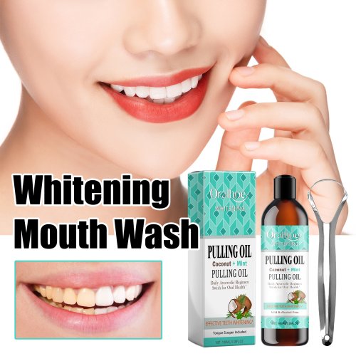 Immagine di Kit Naturale per Igiene Orale con Olio di Cocco alla Menta, Raschietto Linguale e Collutorio Senza Alcool per Alito Fresco e Sbiancamento Dentale