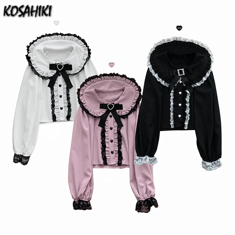 Zdjęcie Słodka bluzka crop top z długim rękawem, patchworkowa, z koronką, damska, japońska Y2k Harajuku, koszula z kokardą i falbankami, styl JK, 2026 Kawaii Blusa Femme