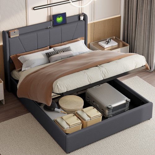 Image de Lit Double avec Rangement et Tête de Lit LED