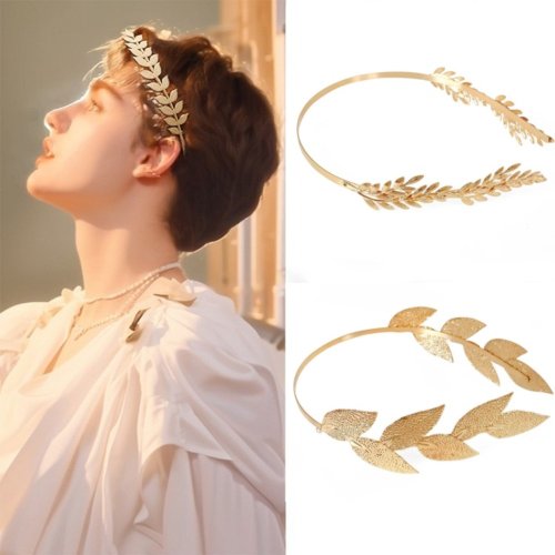Zdjęcie Złota Retro Opaska z Liśćmi – Korona Tiara w Stylu Bogini Greckiej, Elegancka Ozdoba na Głowę do Ślubu i Uroczystości