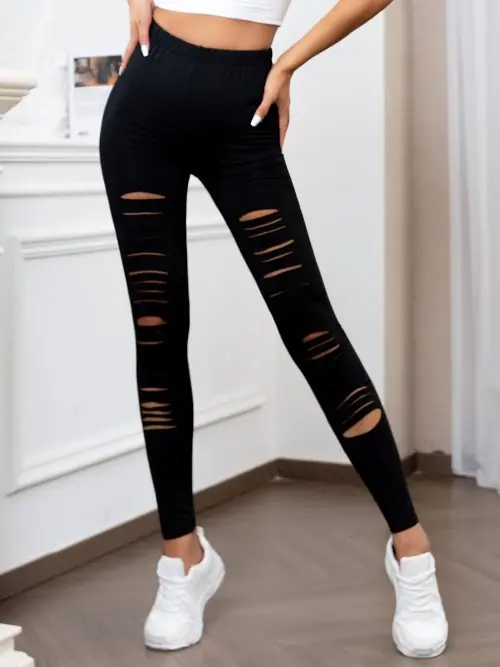 Image de Leggings taille haute déchirés moulants pour femmes