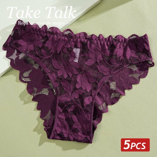 Image of Elegant Floral Lace Panties Set for Women – Low Waist Sexy Lingerie, Breathable Transparent Underwear in Solid Colors, Sizes S to XL