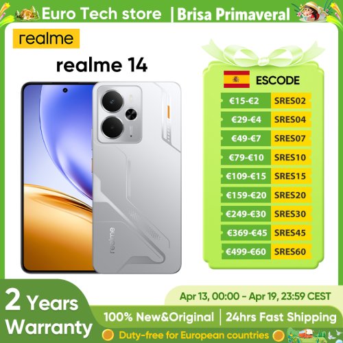 Imagen de Smartphone Realme 14 5G con 12 GB de RAM y 256 GB de almacenamiento, procesador Snapdragon 6 Gen 4, resistente al agua IP69, pantalla AMOLED de 120 Hz y tasa de refresco de 256 Hz