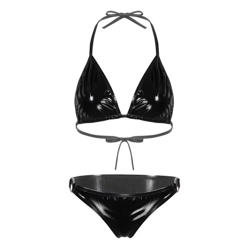 Image of Shiny Metallic Two-Piece Bikini Set for Women – Sexy Bra Top with Thong Bottom, Bold Swimwear & Lingerie-Inspired Bathing Suit