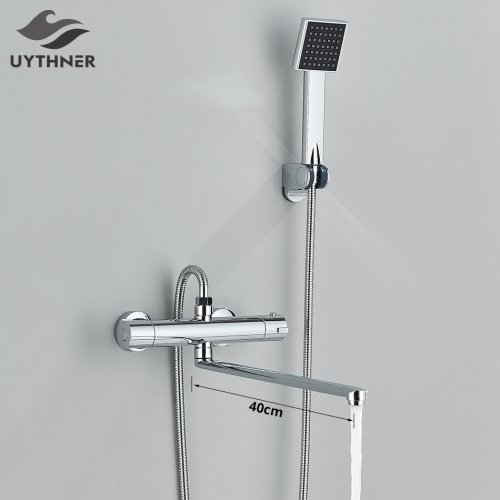 Image of Thermostatic Shower Set Black/Chrome Brass Wall Mounted Bathroom Shower Thermostat Mixer Valve Handle Spray Bathroom Accessories